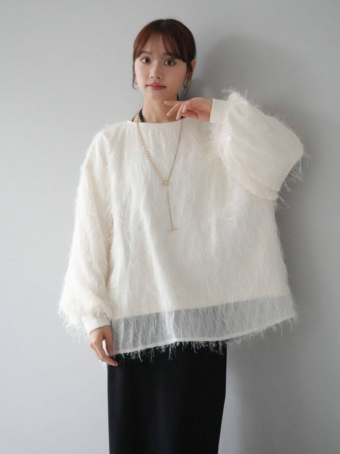 【預購】流蘇薄紗多層抓絨套頭衫/象牙色