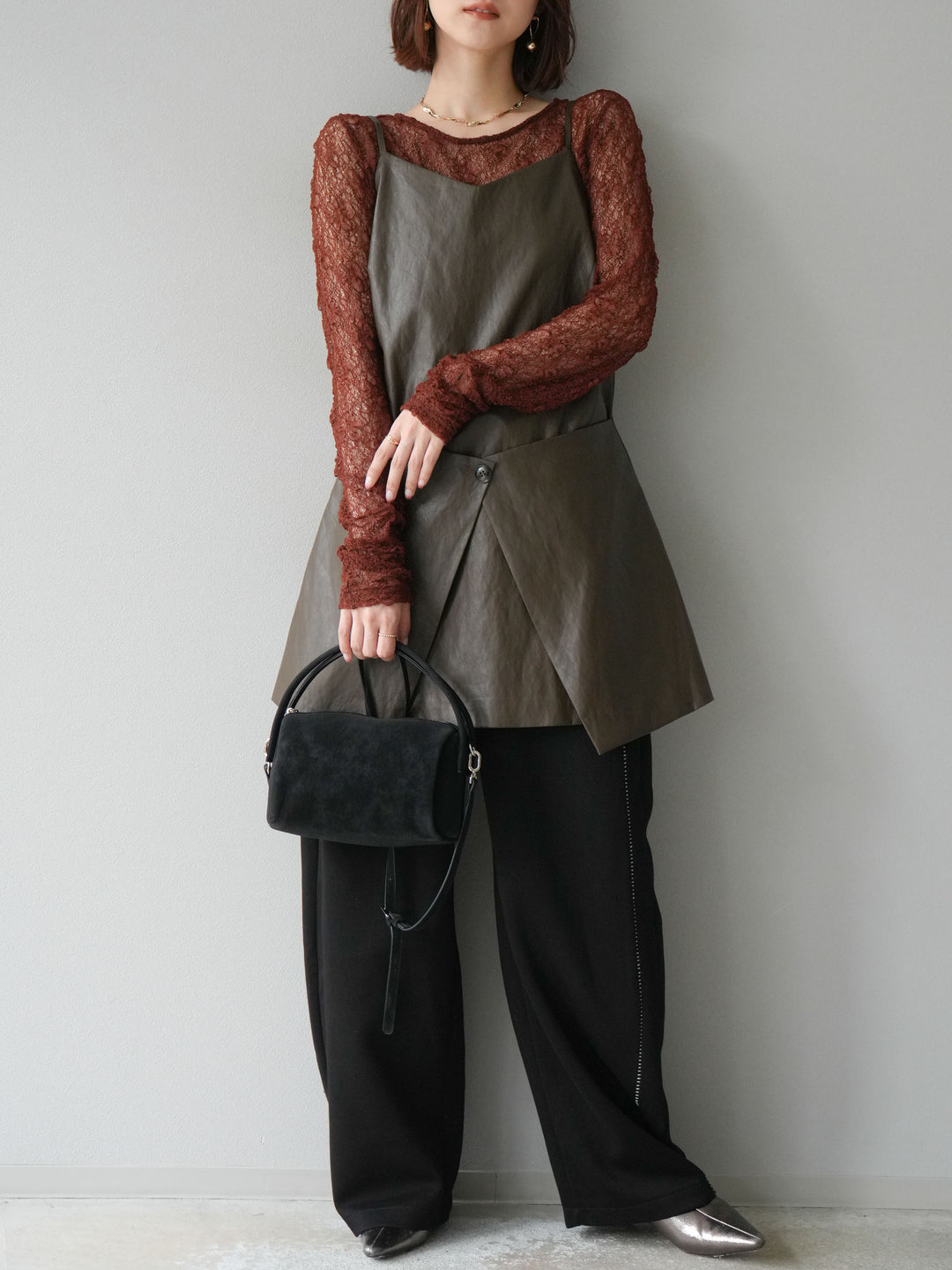 [予約]レイヤードレザーキャミソールチュニック/ブラウン