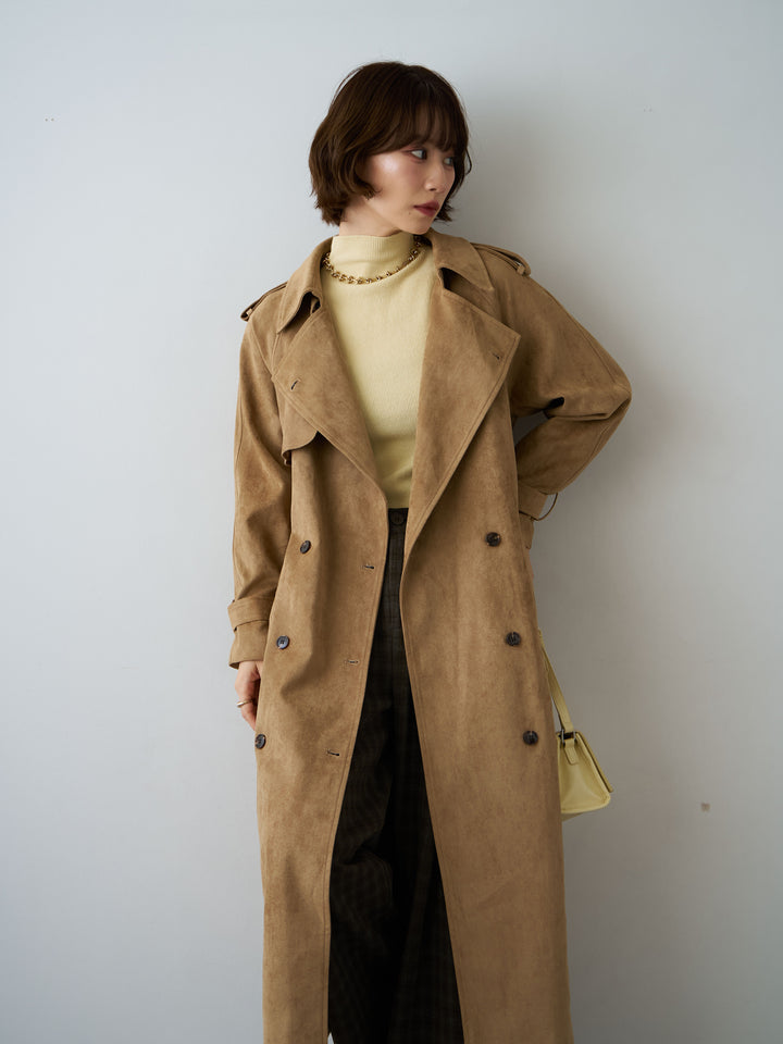 [SET]スウェードタッチロングトレンチコート+チェックサイドベルトデザインタックパンツ(2set)
