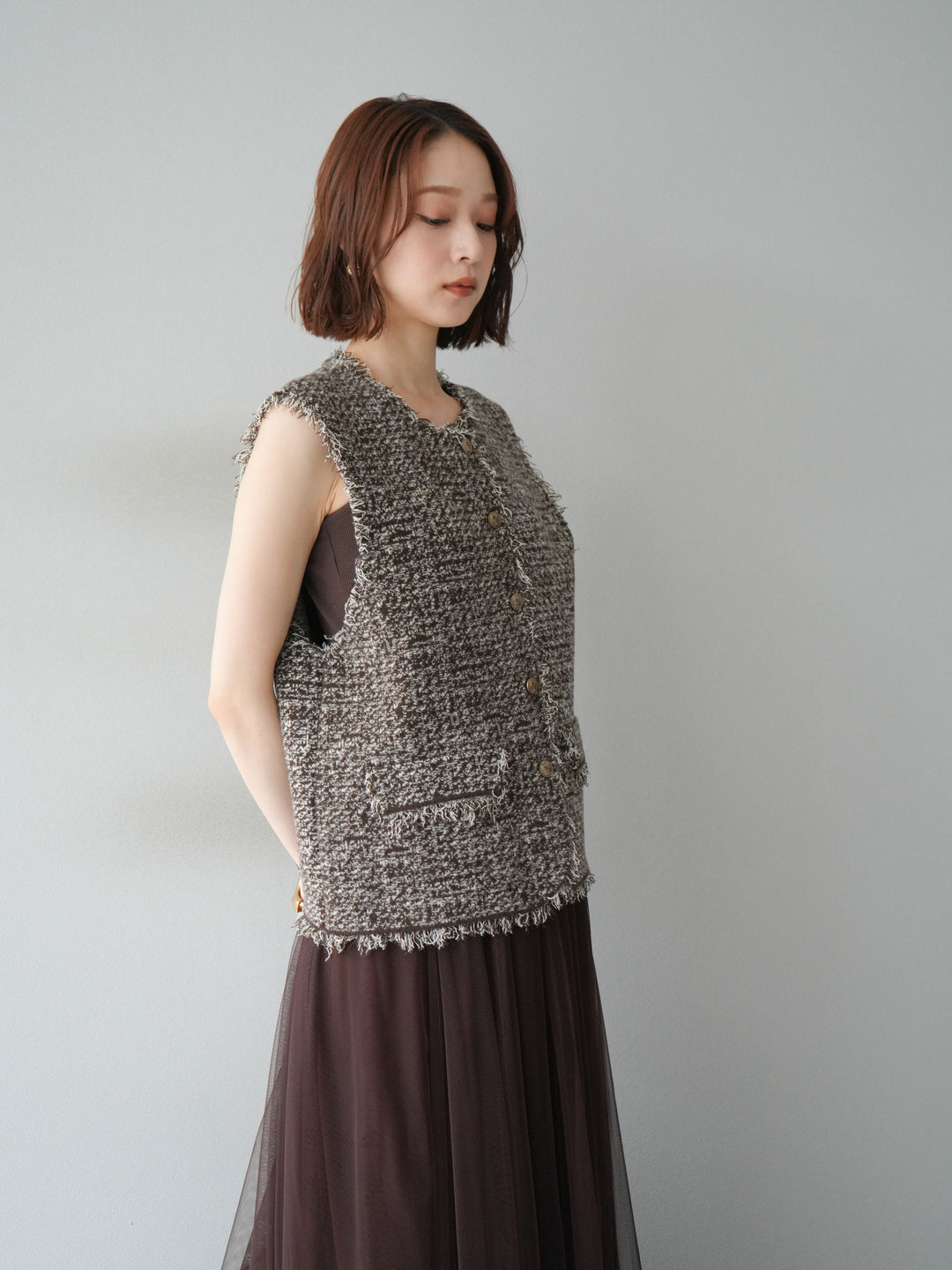 [予約]ミックスツイードフリンジニットベスト/ブラウン