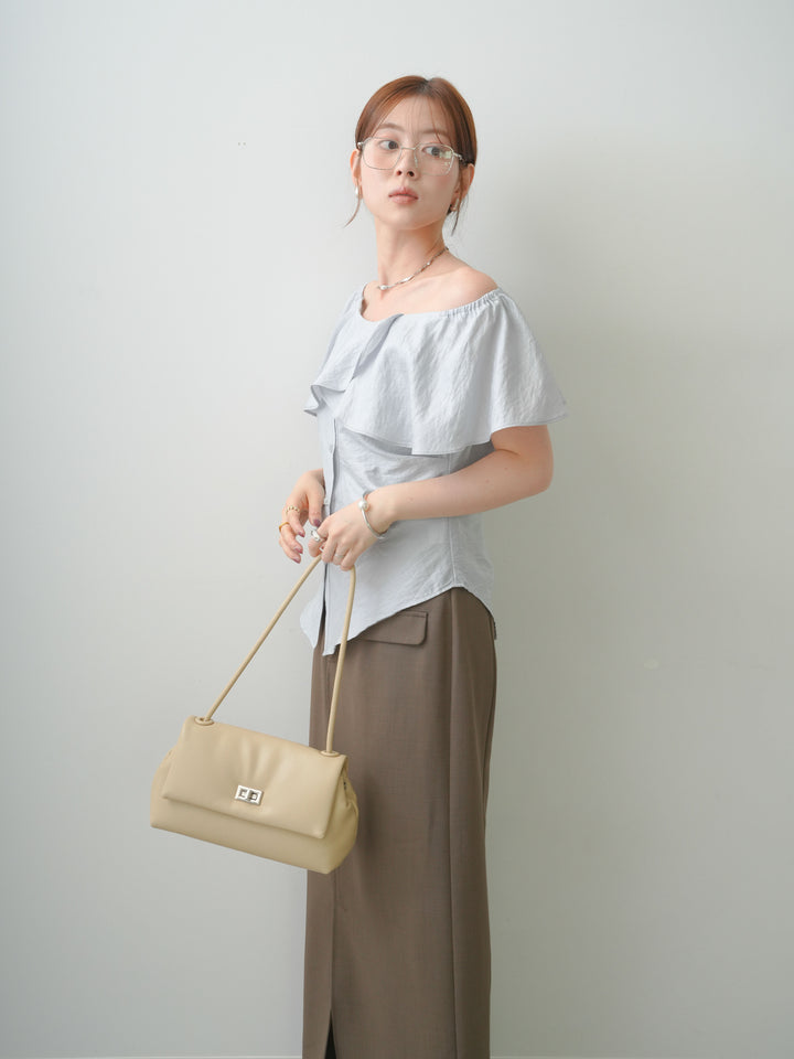 [SET]ラッフルオフショルブラウス+クレープデシンフラップ付きストレートスカート(2set)