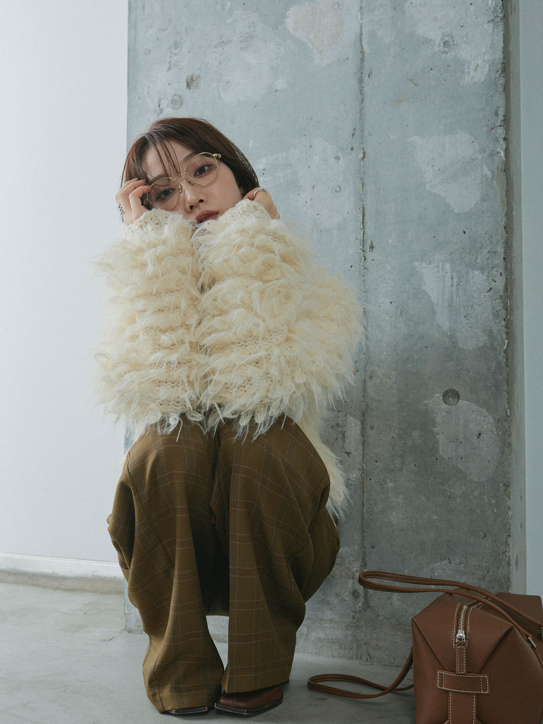 【Allure】[SET]ミックスシャギーループニットプルオーバー+杢チェックタックパンツ(2set)