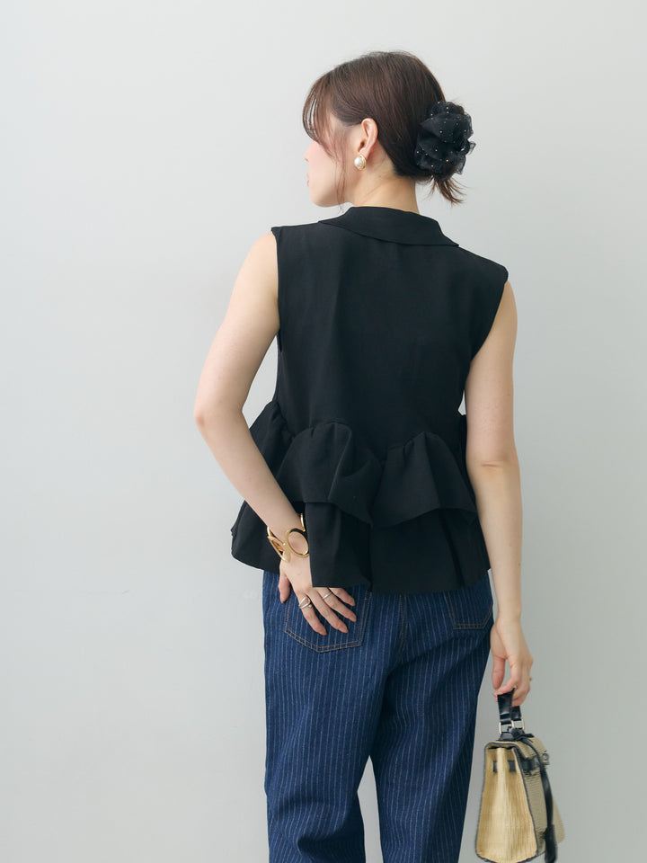 【套裝】層疊雙層荷葉邊無袖針織上衣 + 條紋寬腿直筒牛仔褲（兩件式）