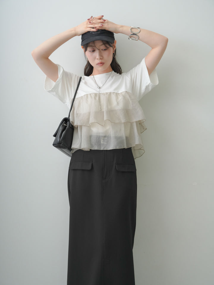 [SET]オーガンジーフリルドッキングTEE+クレープデシンフラップ付きストレートスカート(2set)
