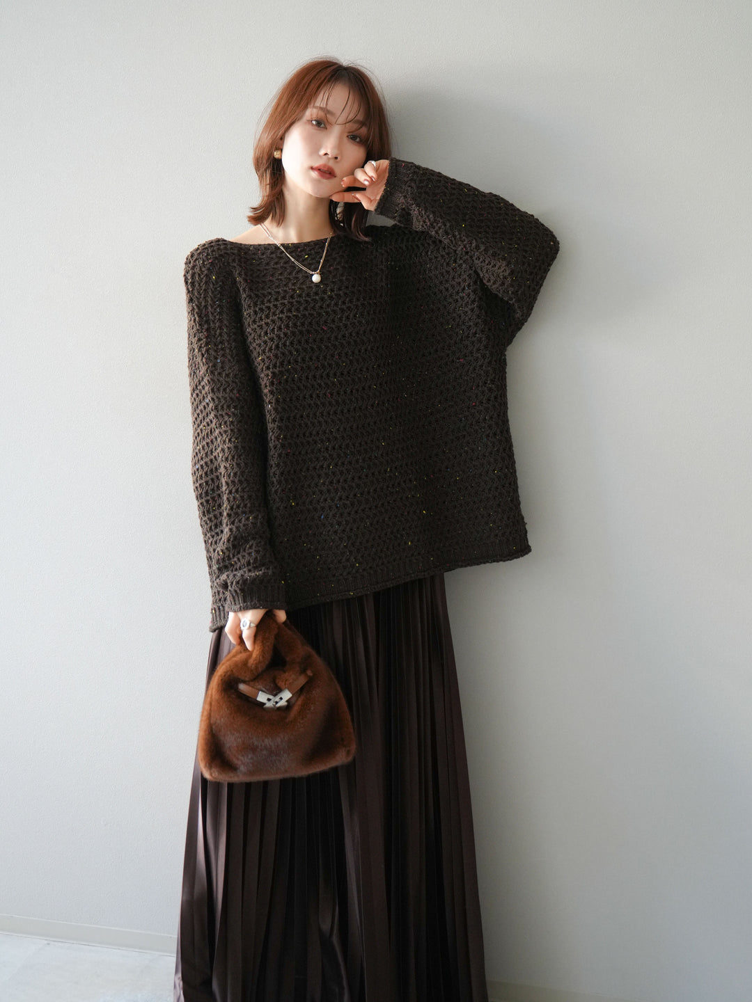 [予約]ネップ透かし編みオーバーニット/brown