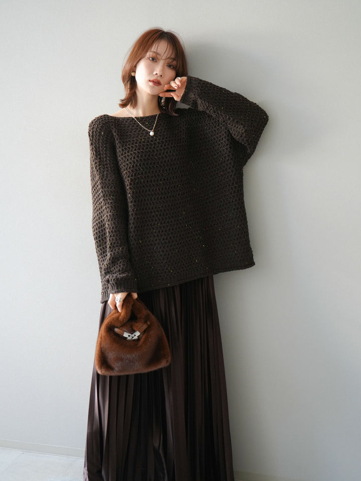 [予約]ネップ透かし編みオーバーニット/brown