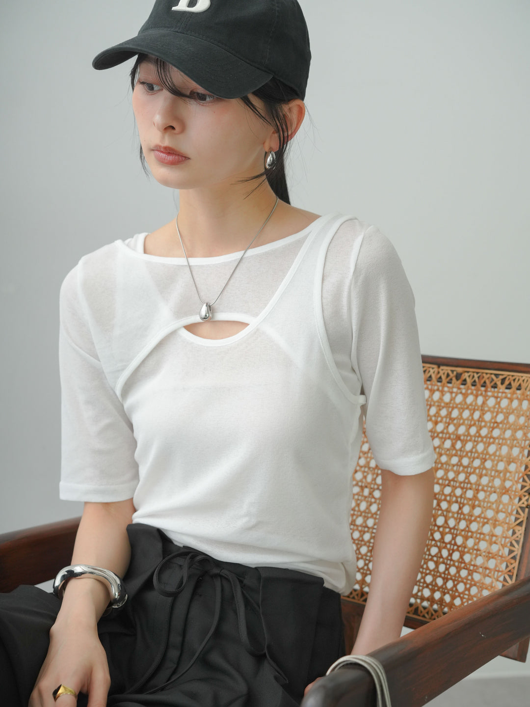 [SET]前後2wayシアーアシメレイヤード風TEE+ベルトループカーブタックワイドパンツ(2set)