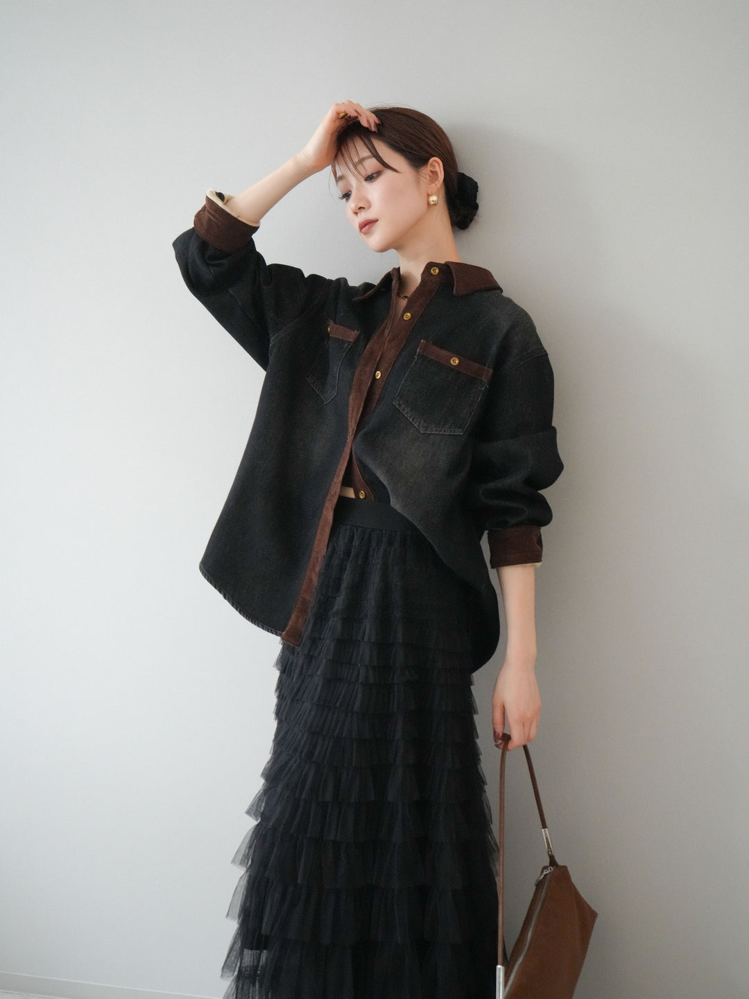 [予約]裏起毛コーデュロイ襟デニムシャツジャケット/black