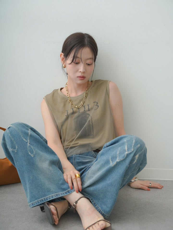 【套裝】薄紗層疊抽繩無袖T卹+印花手拿包寬牛仔褲（兩件套）