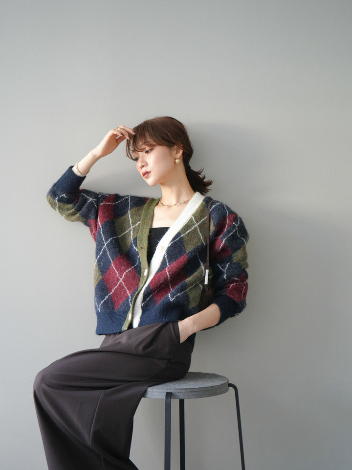 [予約]配色アーガイル柄ニットカーディガン/green