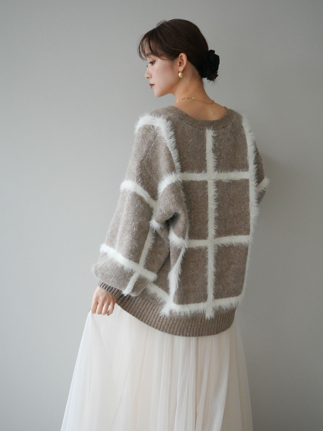 [予約]ミックスシャギーチェックカーディガン/beige