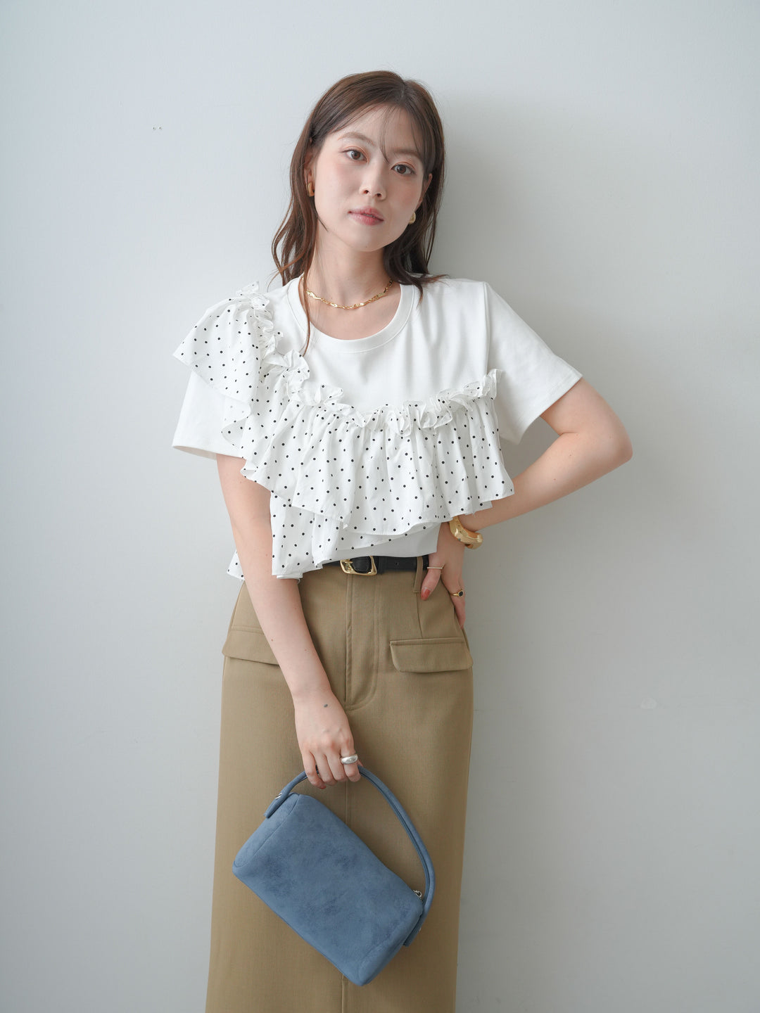 [SET]ドットギャザーフリルデザインTEE+クレープデシンフラップ付きストレートスカート(2set)