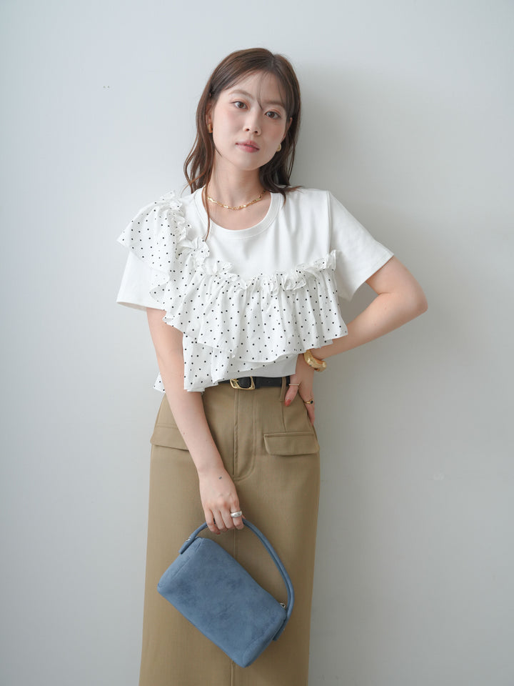 [SET]ドットギャザーフリルデザインTEE+クレープデシンフラップ付きストレートスカート(2set)