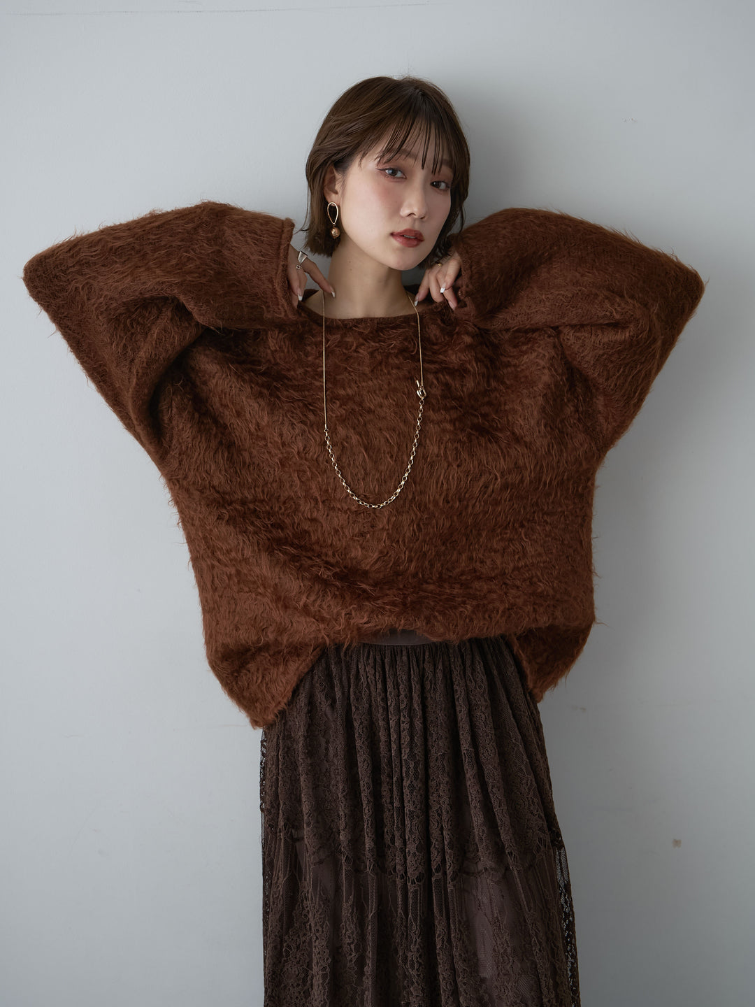 [予約]ボートネックシャギーオーバーニットトップス/brown