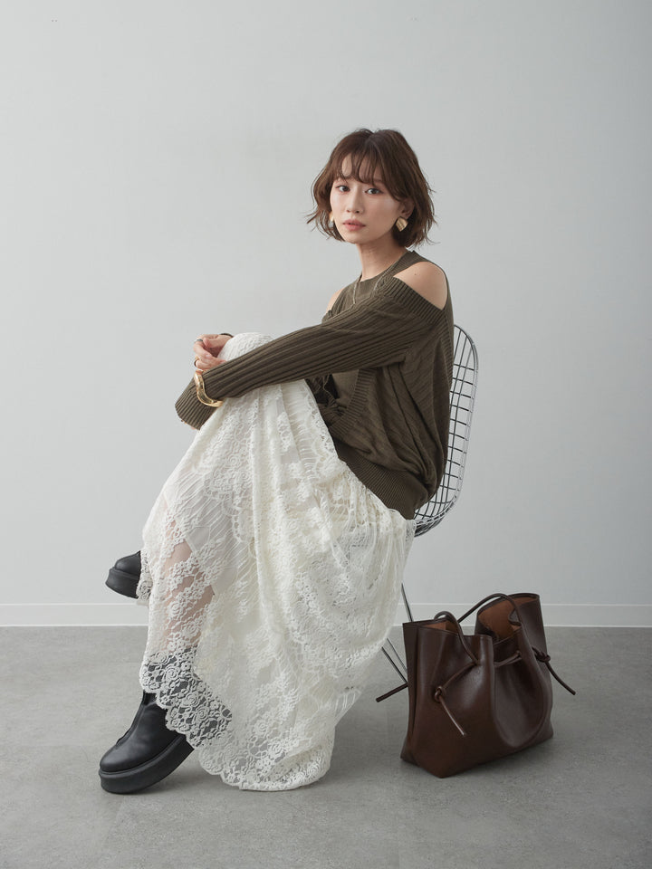 [予約]ショルダーオープンリブデザインニットトップス/khaki