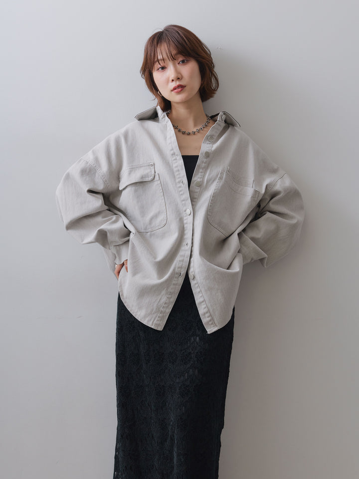[予約]レザーカラーデザインポケットオーバーシャツ/white