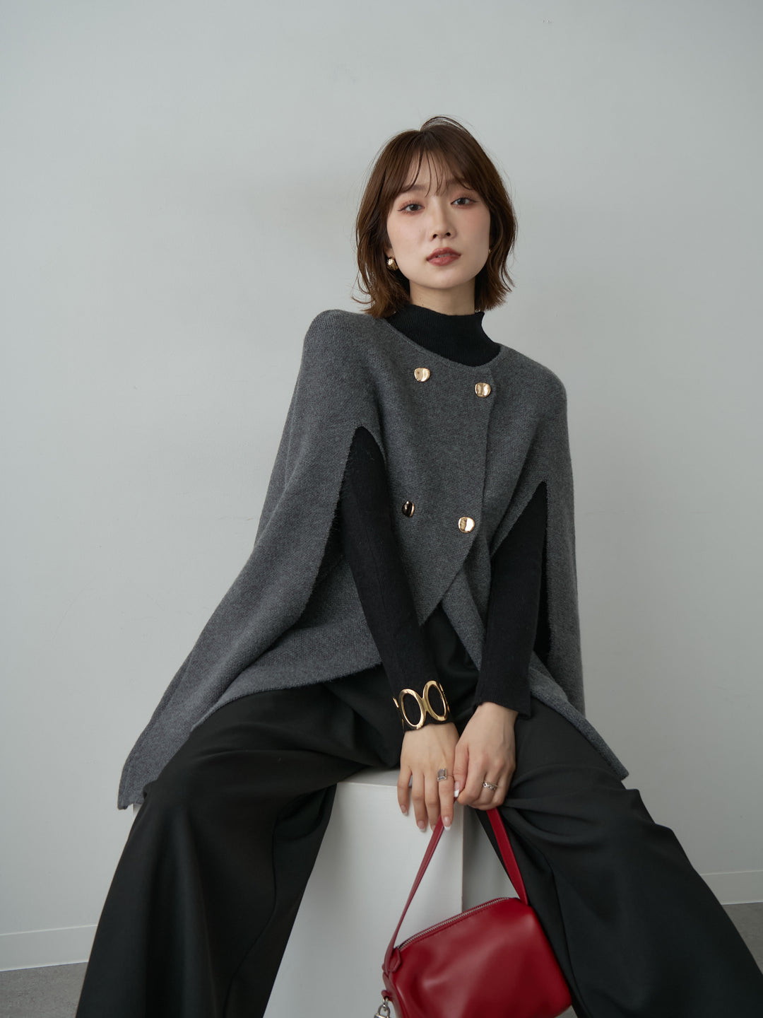 [SET]ゴールドボタンニットケープコート+リブモックネックニットトップス(2set)
