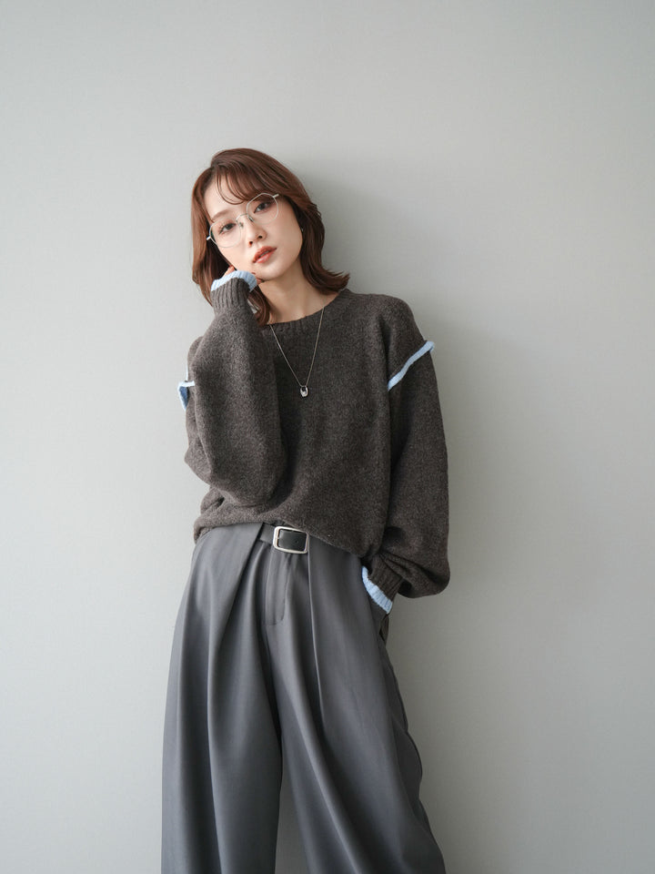 [予約]バイカラーパイピングニットプルオーバー/brown