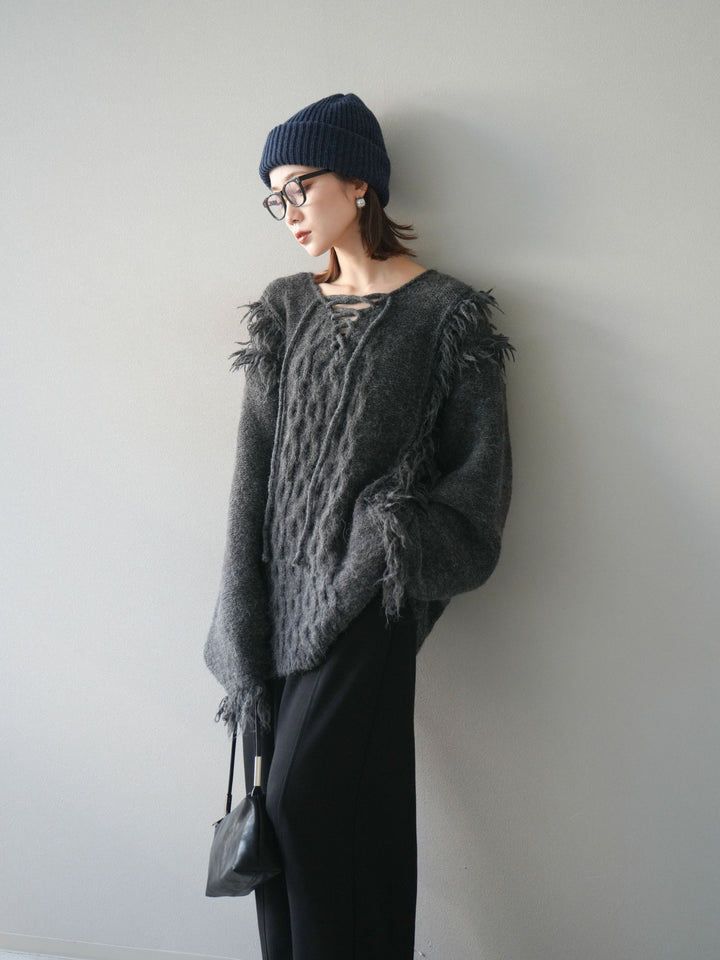 [予約]レースアップフリンジニットプルオーバー/gray