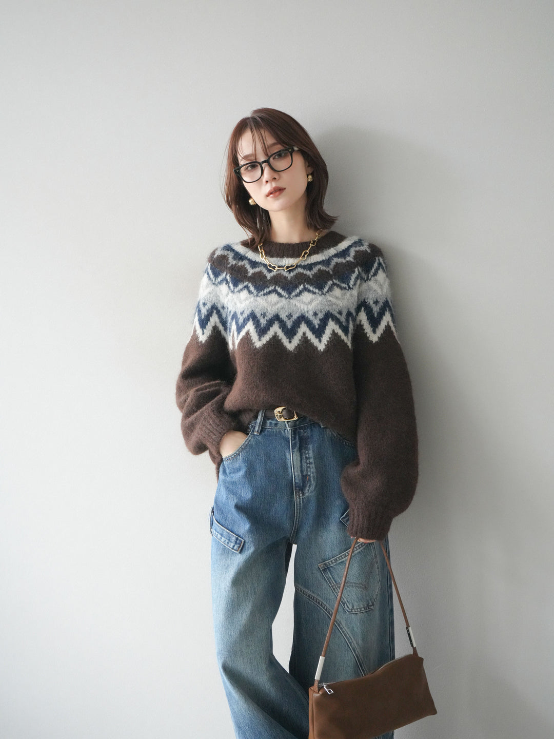 [SET]求心柄オーバーニットプルオーバー+ペインターカーブデニムパンツ(2set)