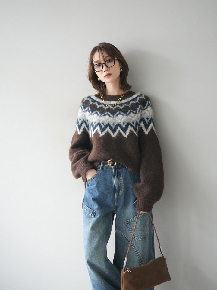 [SET]求心柄オーバーニットプルオーバー+ペインターカーブデニムパンツ(2set)