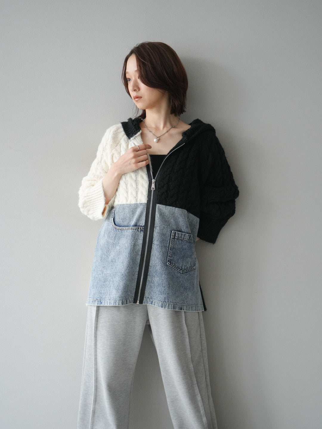 [予約]デニム×バイカラーニットZIPフーディ/black