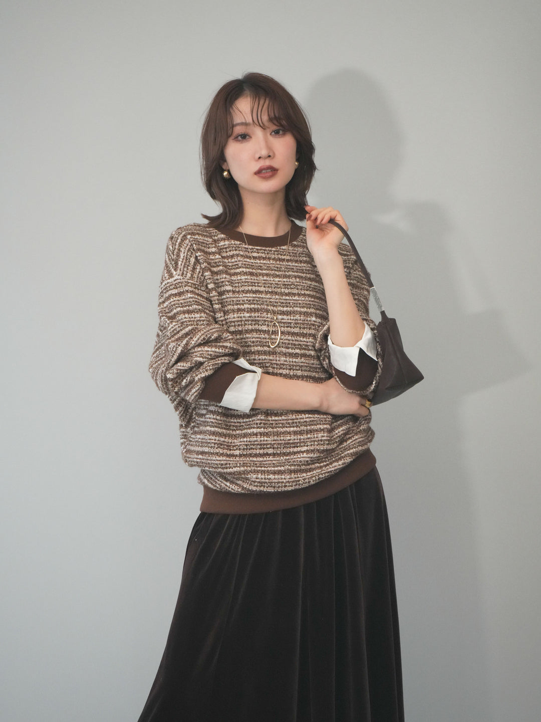 [予約]MIXツイードライクカフスドッキングプルオーバー/brown