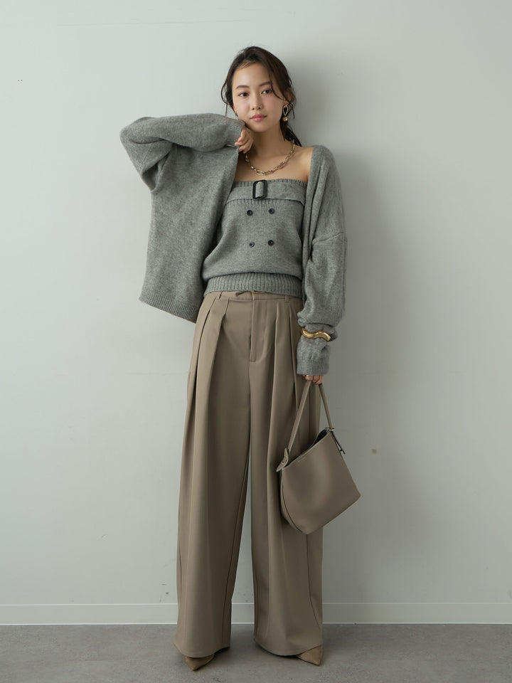[SET]ニットカーデ＆ニットベアトップSET UP(2SET)+ツイルタックワイドパンツ(2set)