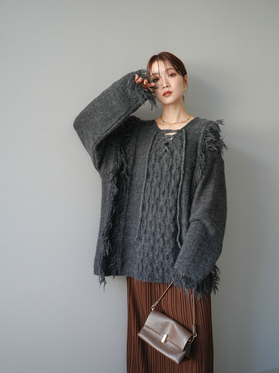 [予約]レースアップフリンジニットプルオーバー/gray
