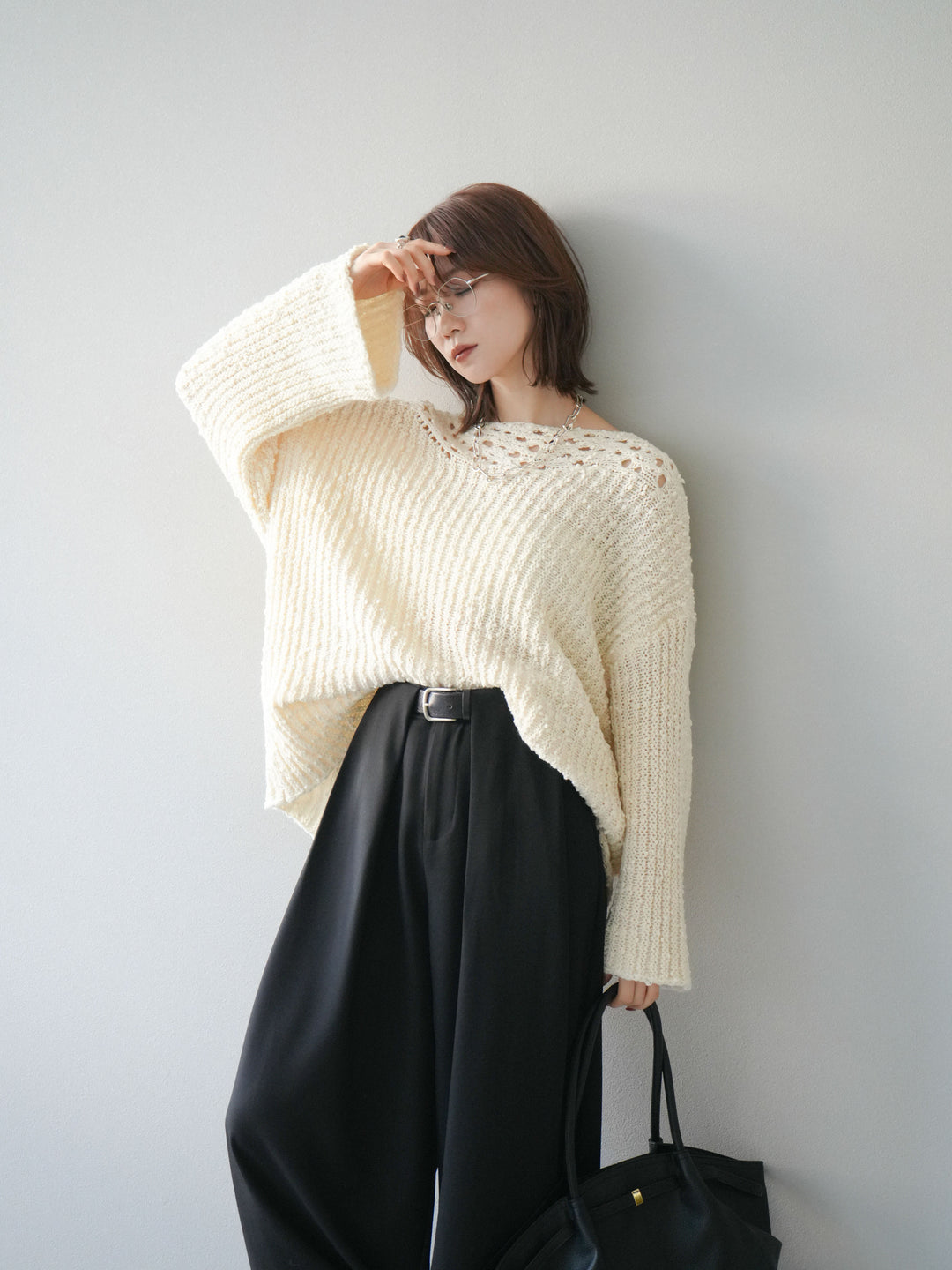 [予約]ボートネック透かし編みニットプルオーバー/white