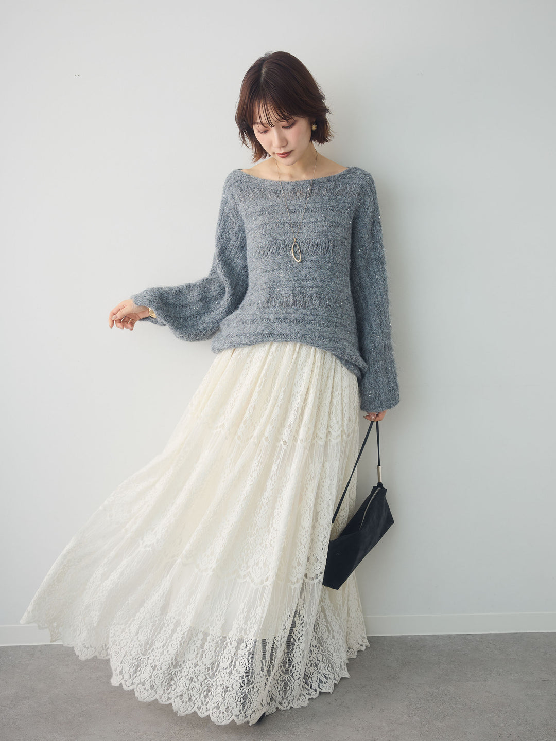 [SET]ミックス透かし編ワイドネックニットトップス+ベロアレースドレープフレアスカート(2set)