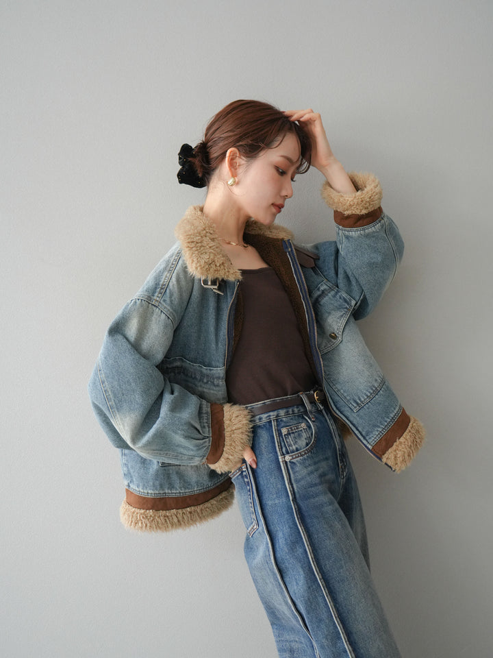 [予約]スタンドカラーファー×デニムジャケット/lightblue