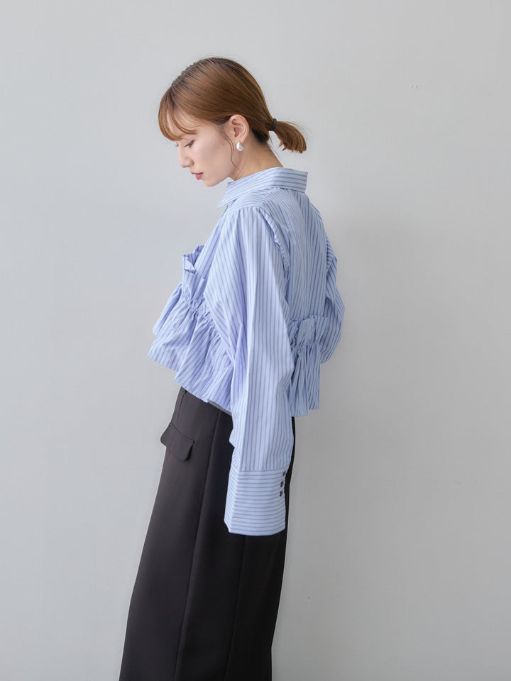 [SET]ストライプフリルシャツ+クレープデシンフラップ付きストレートスカート(2set)