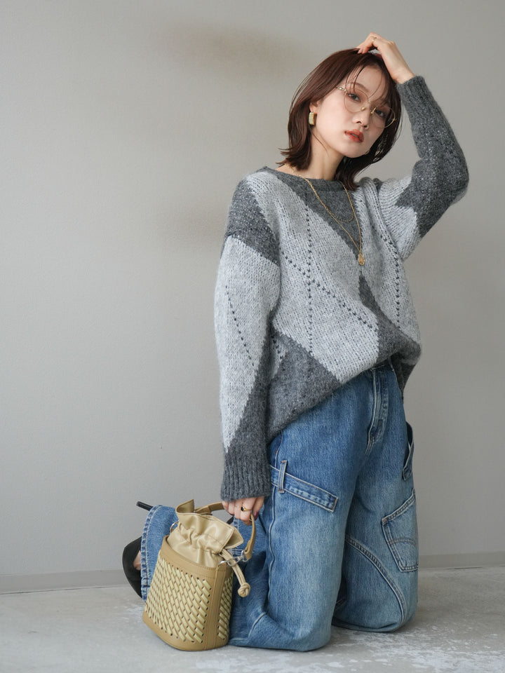 [予約]アーガイルオーバーニットプルオーバー/gray
