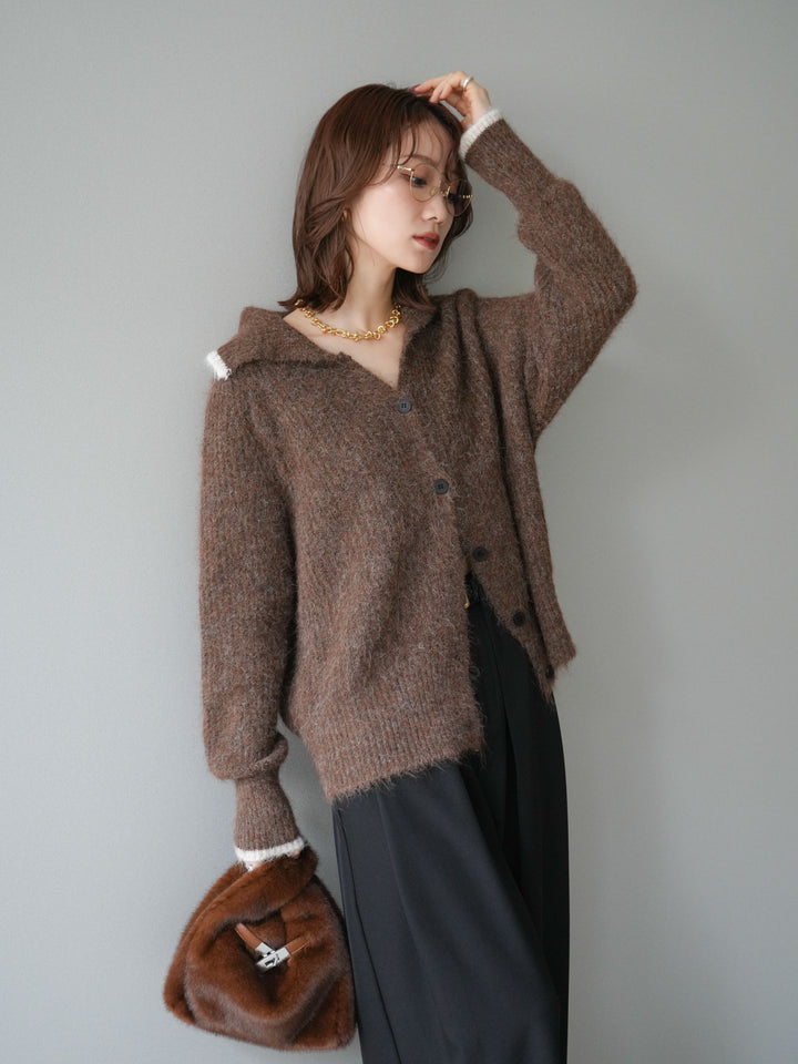 [予約]襟付きバイカラーミックスニットカーディガン/brown