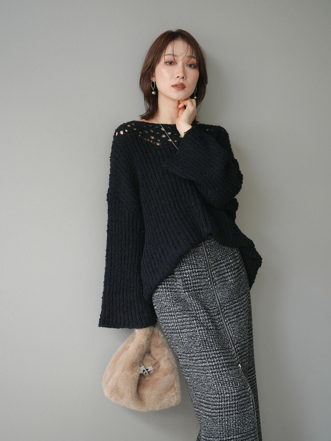 [予約]ボートネック透かし編みニットプルオーバー/navy