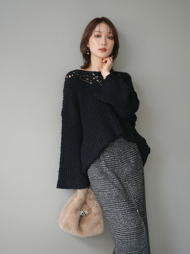 [予約]ボートネック透かし編みニットプルオーバー/navy