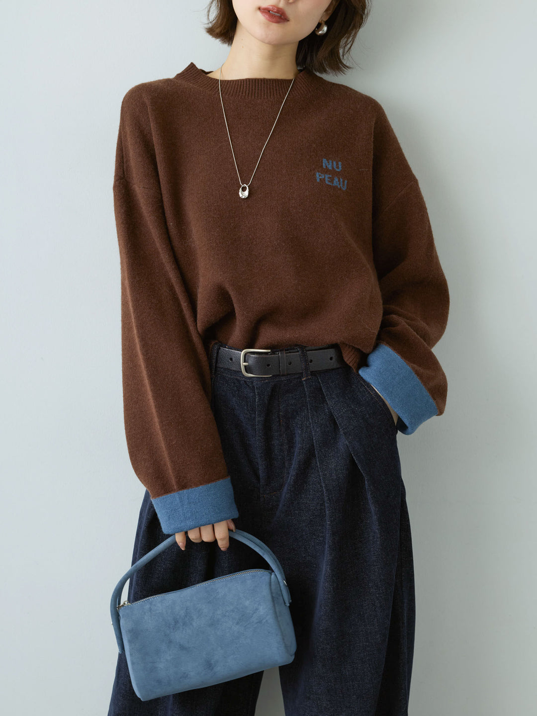 [予約]アルパカタッチバイカラーニットトップス/brown