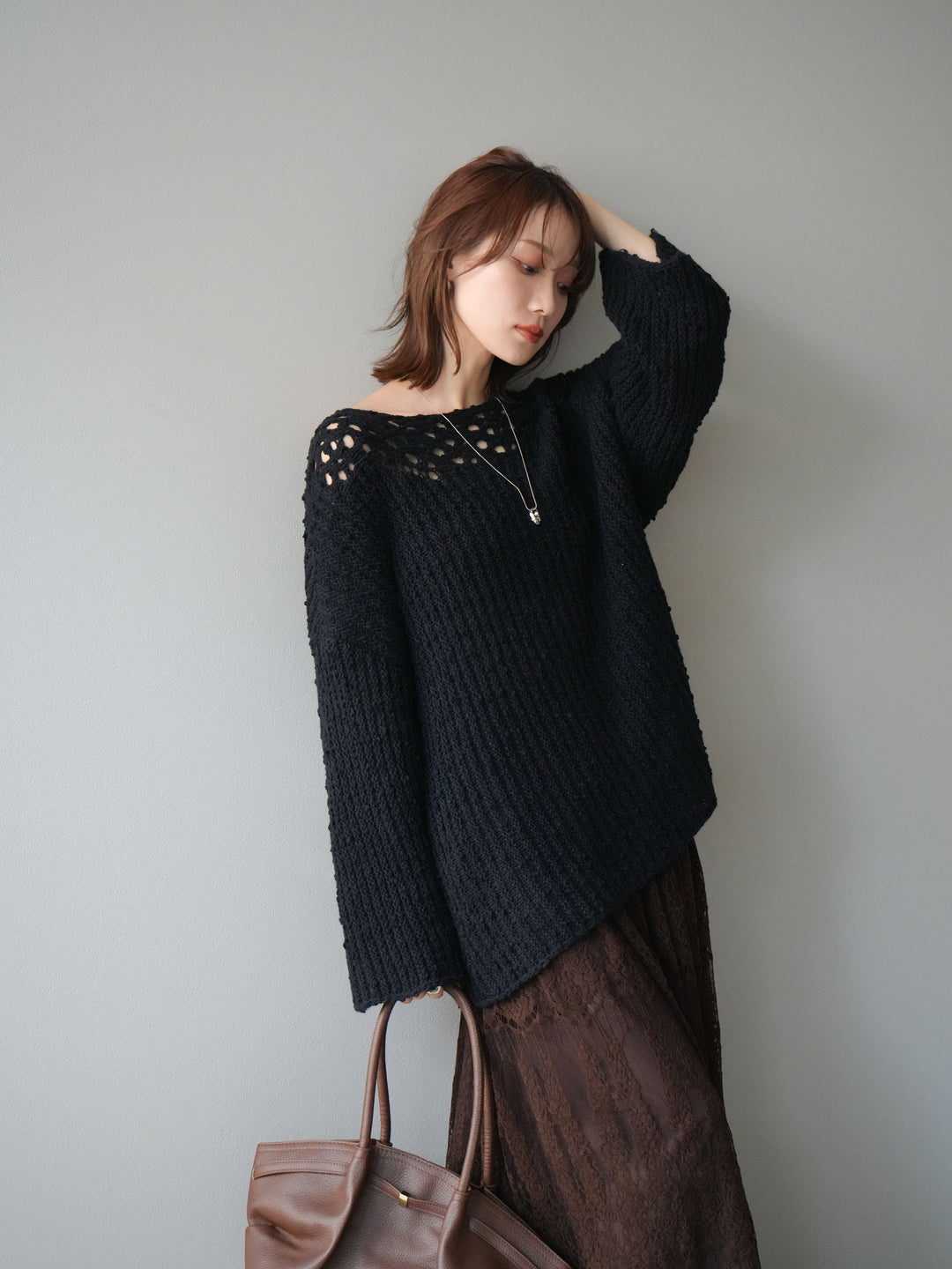 [予約]ボートネック透かし編みニットプルオーバー/navy