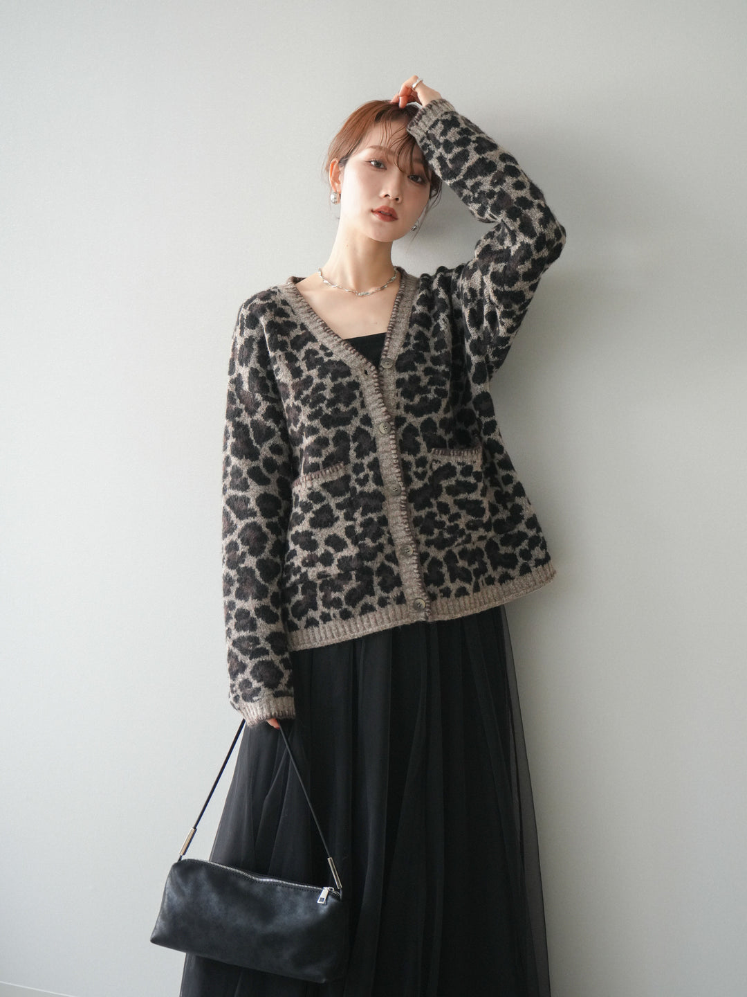 [予約]アニマル柄ステッチニットカーディガン/brown