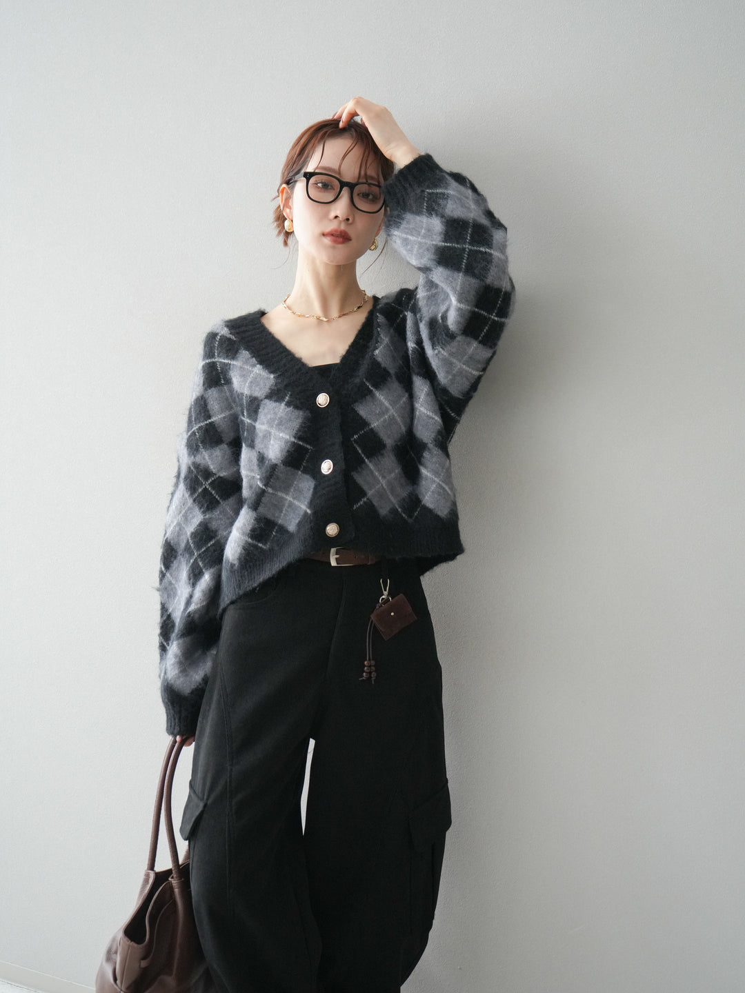 [予約]アーガイルシャギーニットカーディガン/gray