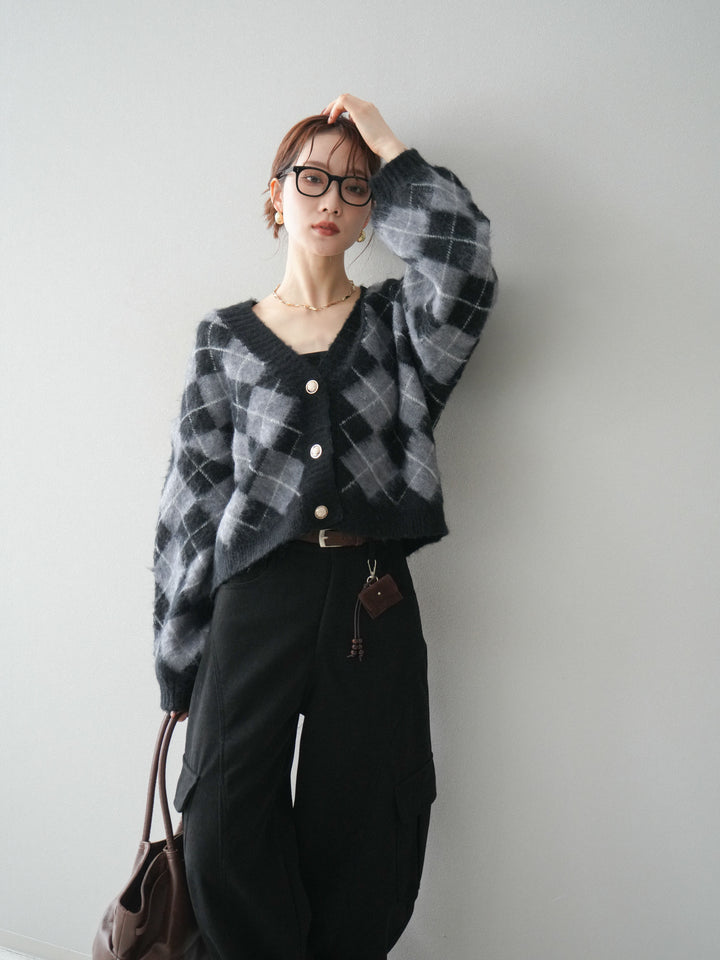 [予約]アーガイルシャギーニットカーディガン/gray