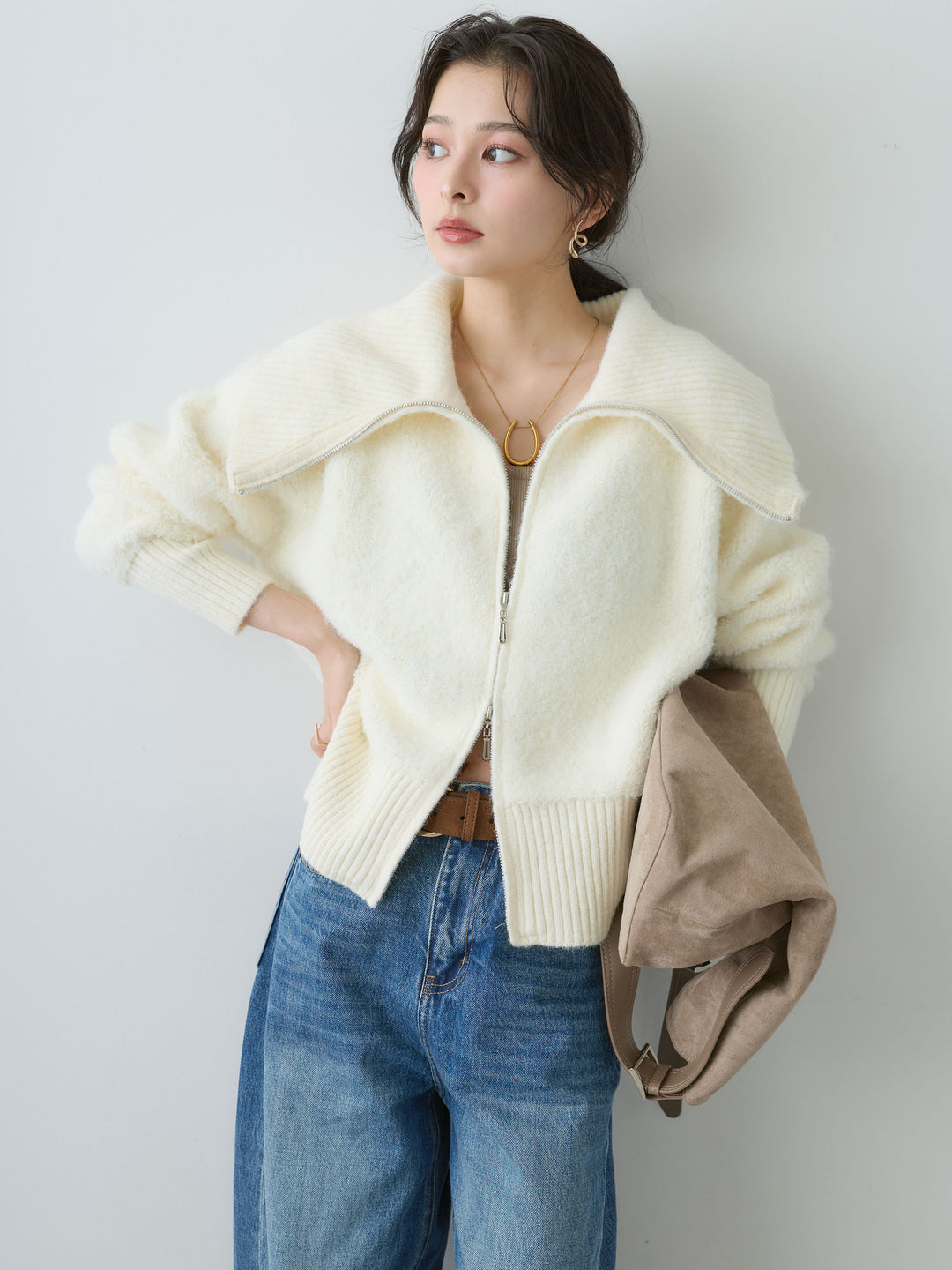 [SET]ビッグカラーシャギーニットブルゾン+バックデザインカーブデニム(2set)