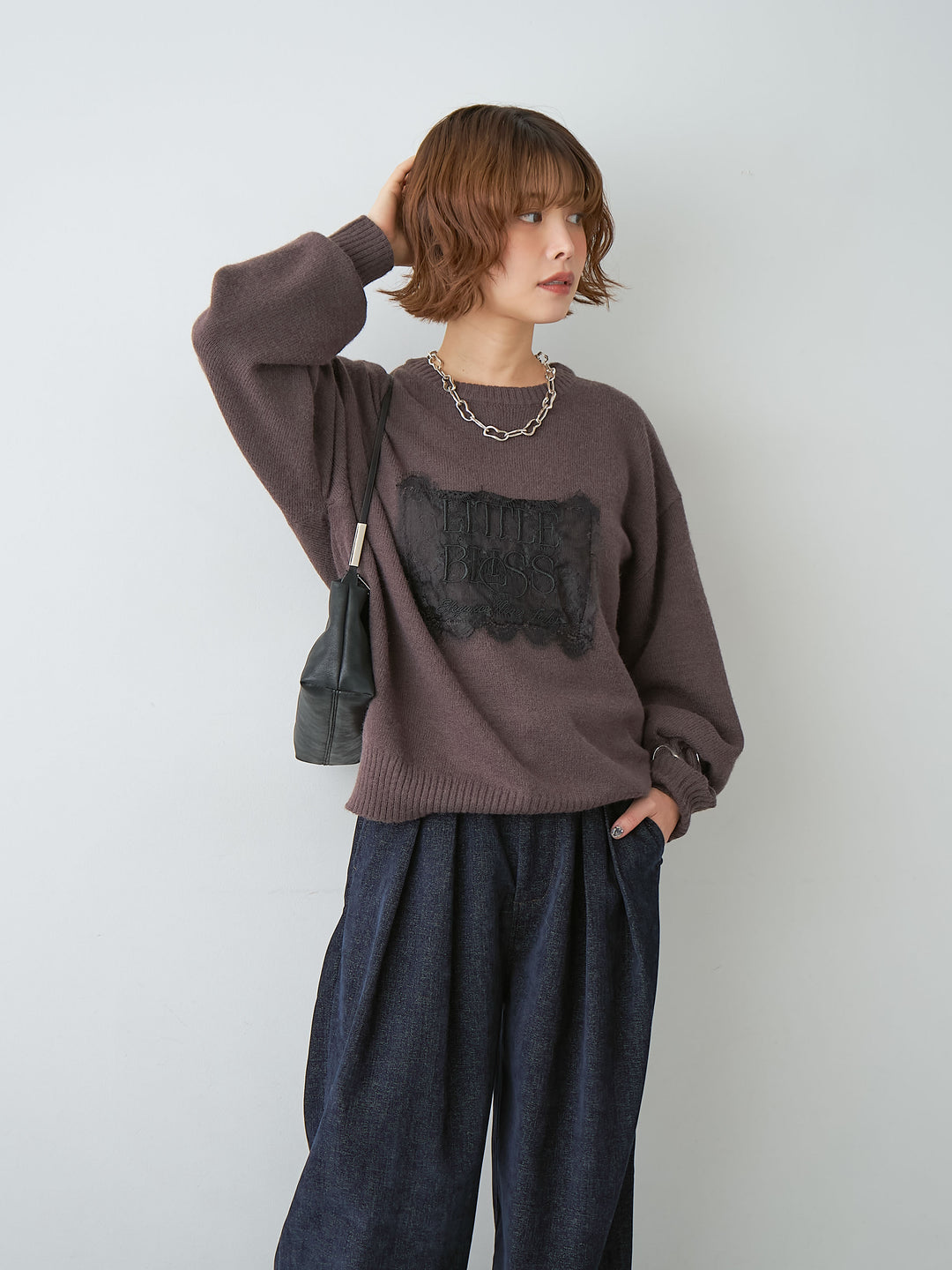 [SET]アルパカタッチ刺繍レースロゴニットプルオーバー+選べるアクセセット(2set)