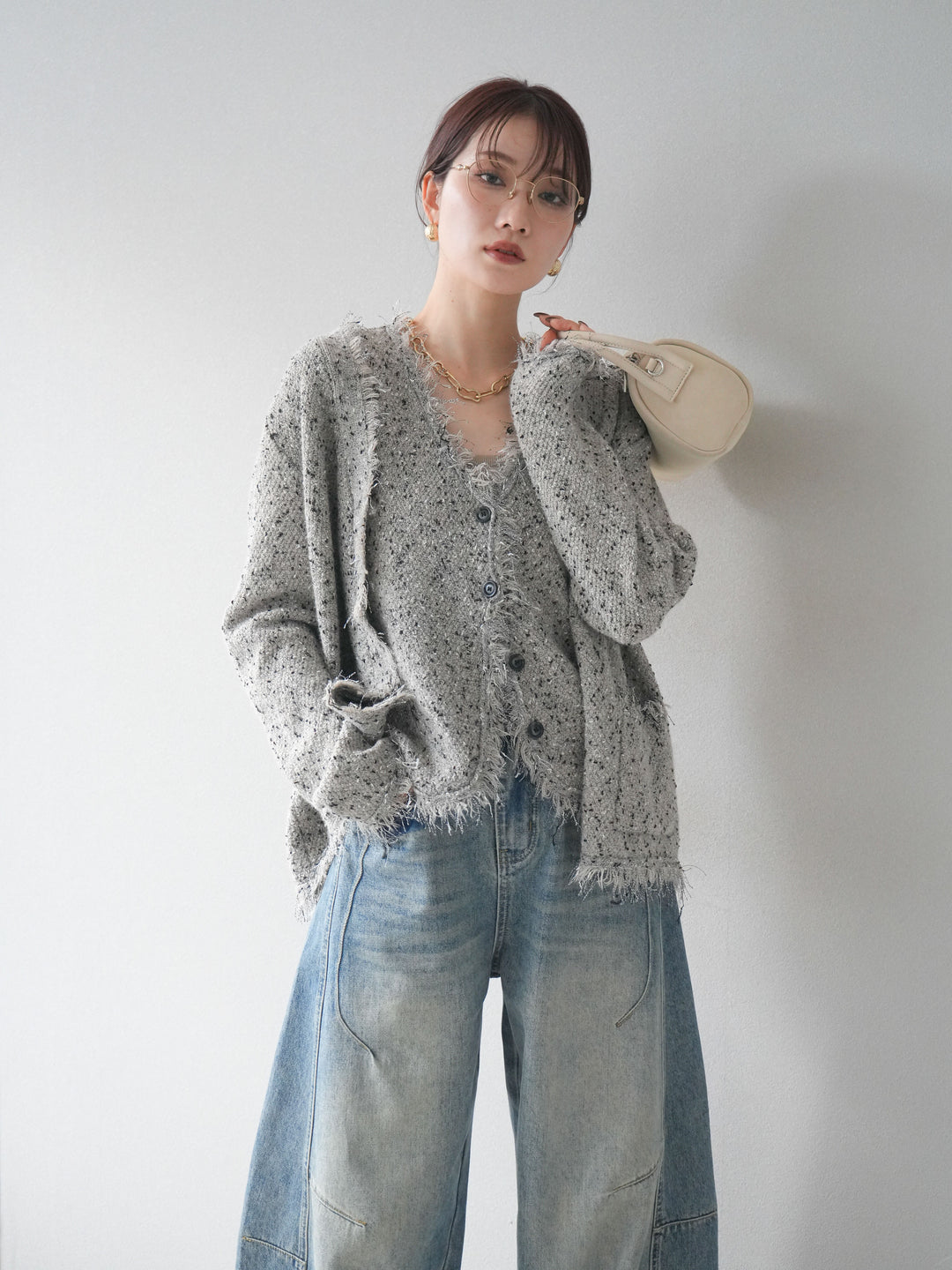 [予約]ネップフリンジニットカーディガン/khaki