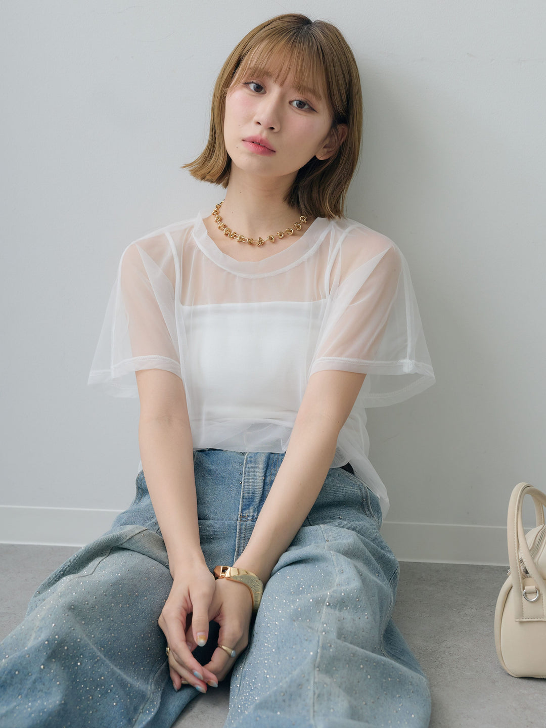 [SET]インナーキャミ付シアーオーバーTEE+フロントビジューカーブデニムパンツ(2set)