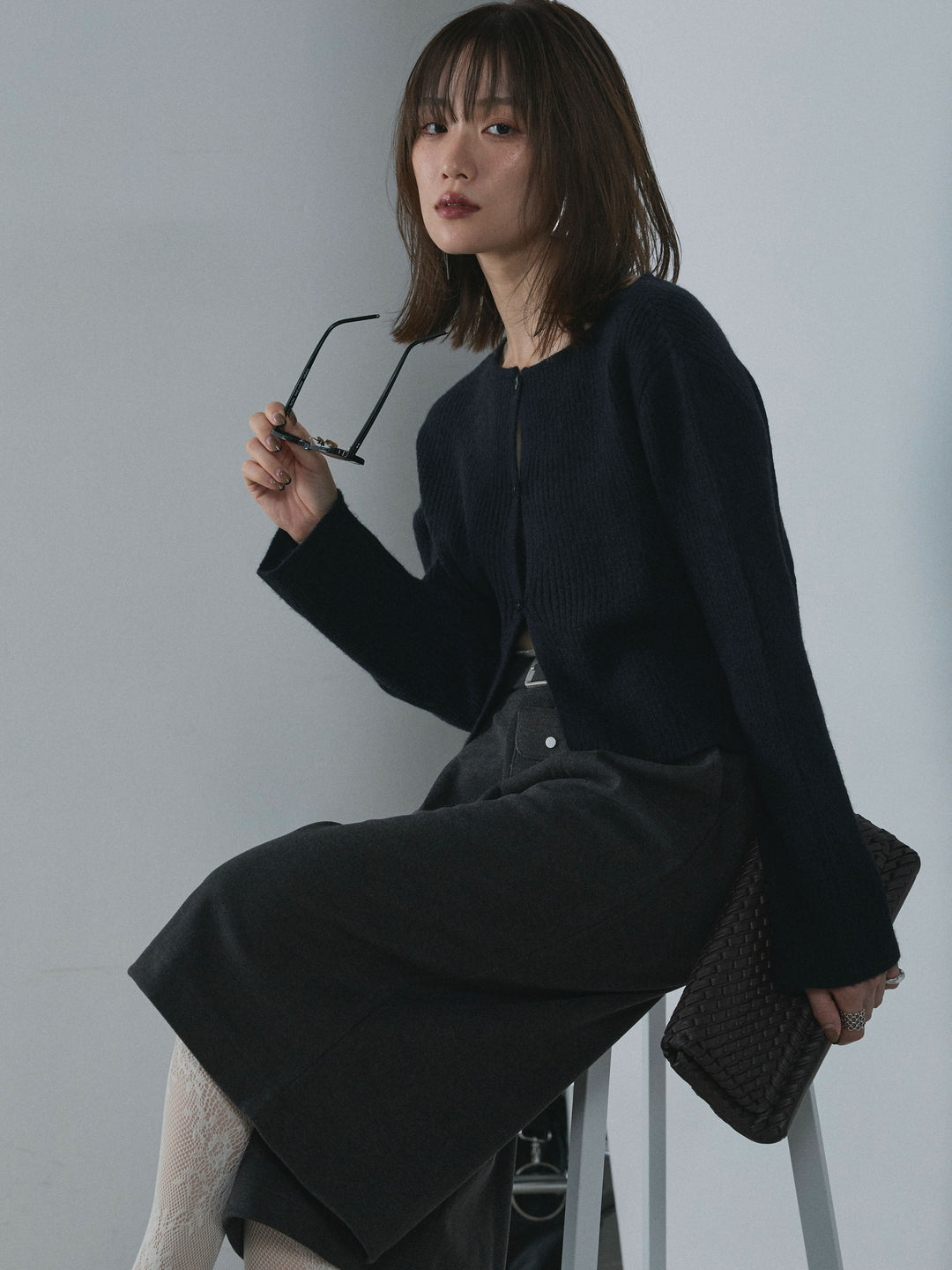 [予約]デザインショートニットカーディガン/black