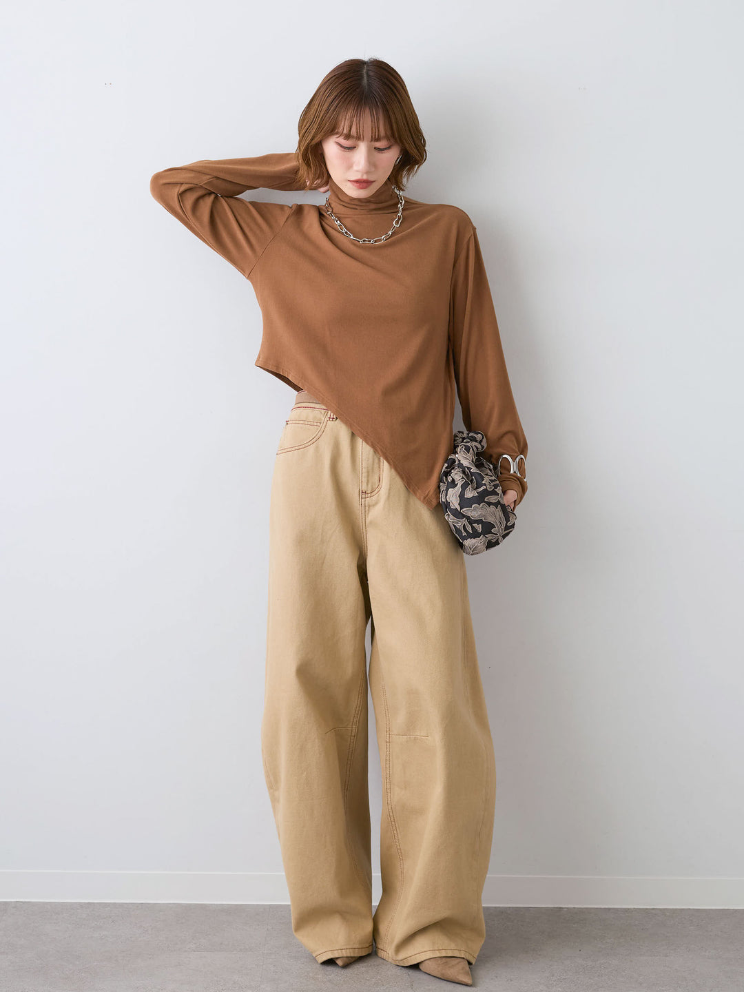 [SET]モックネックアシメヘムトップス+カラーステッチワイドパンツ(2set)