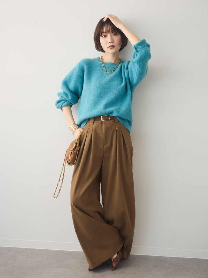 [SET]ソフトヘアリークルーネックニットトップス+ダブルタックドレープストレートワイドパンツ(2set)