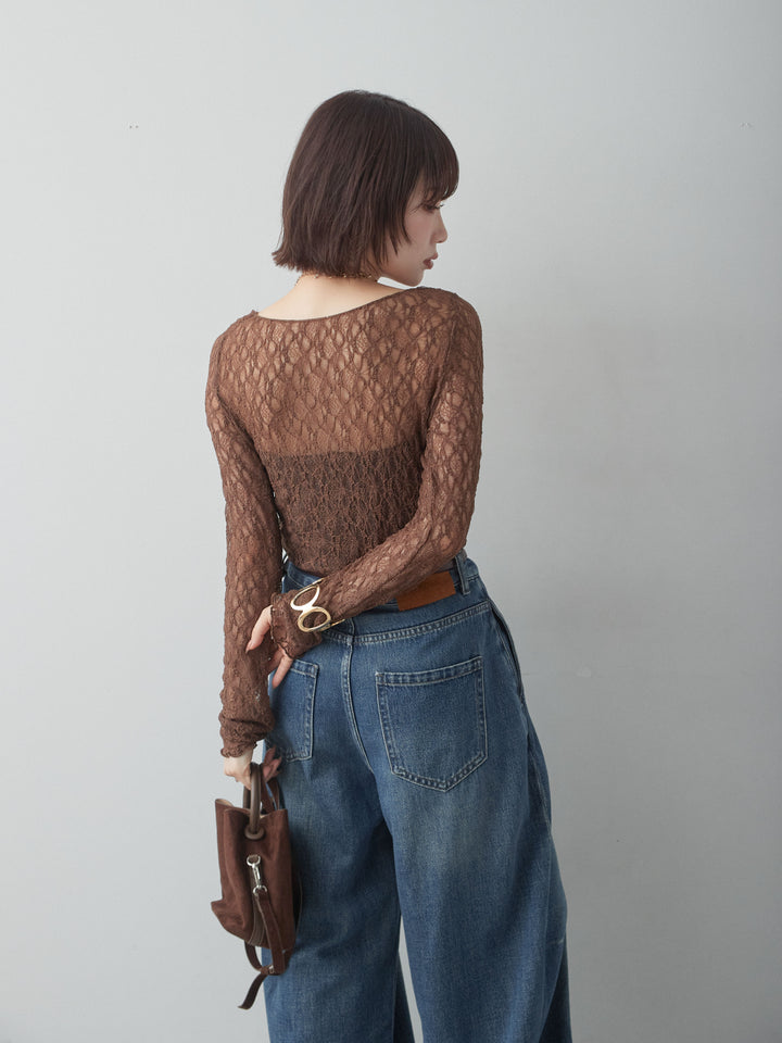 [予約]メッシュレースバイカラートップス/brown